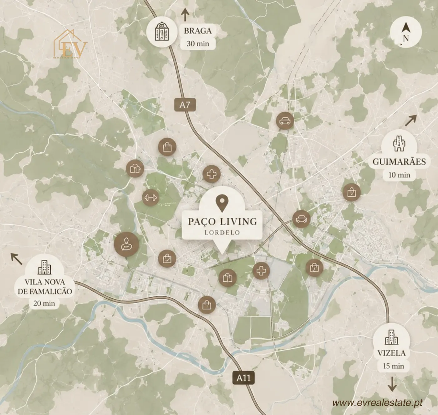 Mapa com o Paço Living em Lordelo e os tempos de viagem para Braga, Guimarães, Vizela e Vila Nova de Famalicão