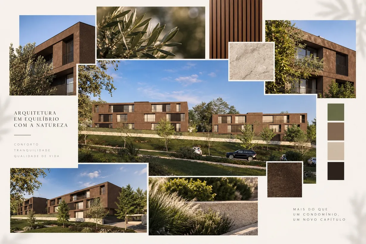 Arquitetura e paleta de materiais do Paço Living