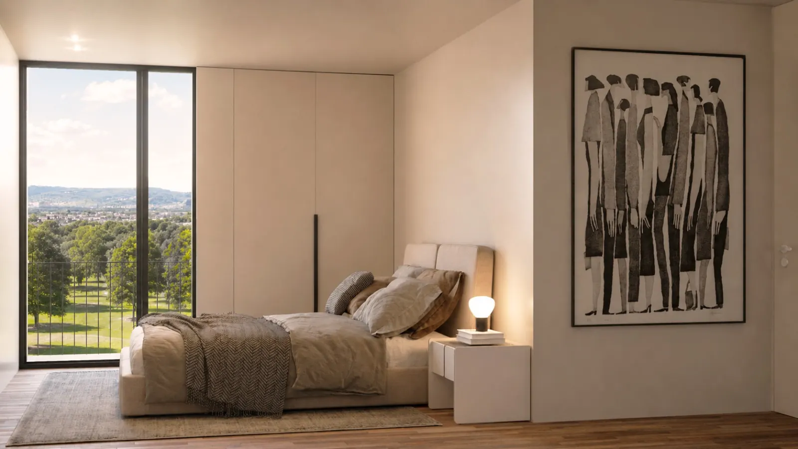 Quarto com roupeiro embutido e janela até ao chão
